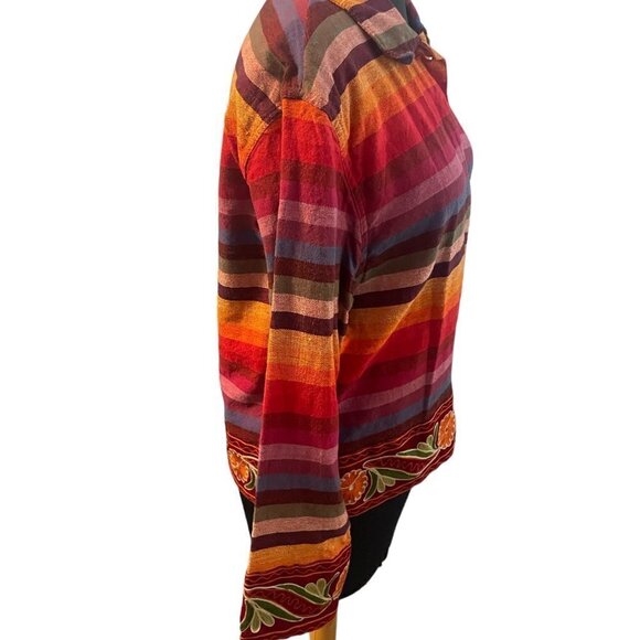 Womens Tan Zara Cotton Shirt Jacket Multicolored Stripes Flowers Red Orange - Picture 5 of 6